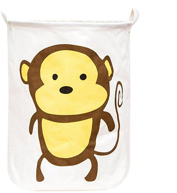 棉麻摺疊洗衣籃, 卡通猴子 白色 + 黃色 + 咖啡色, 1個