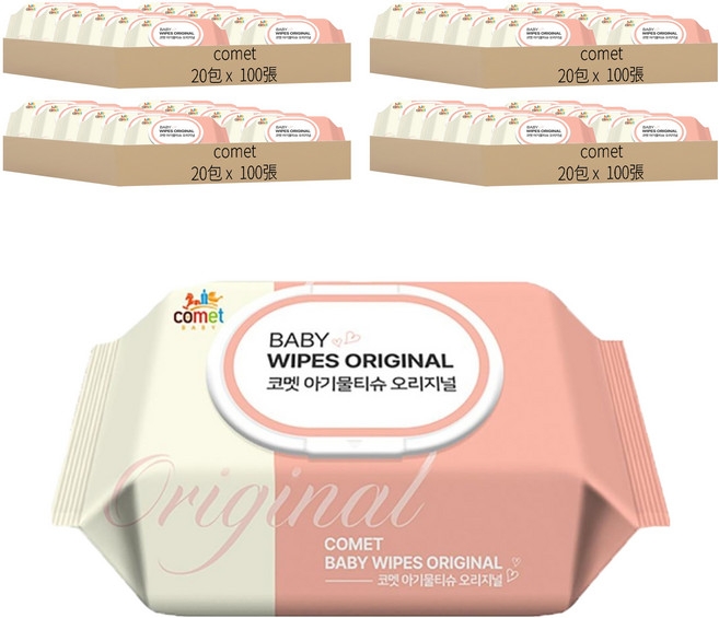 comet Original 嬰兒用濕紙巾 掀蓋式 加厚型, 50gsm, 100張, 80包