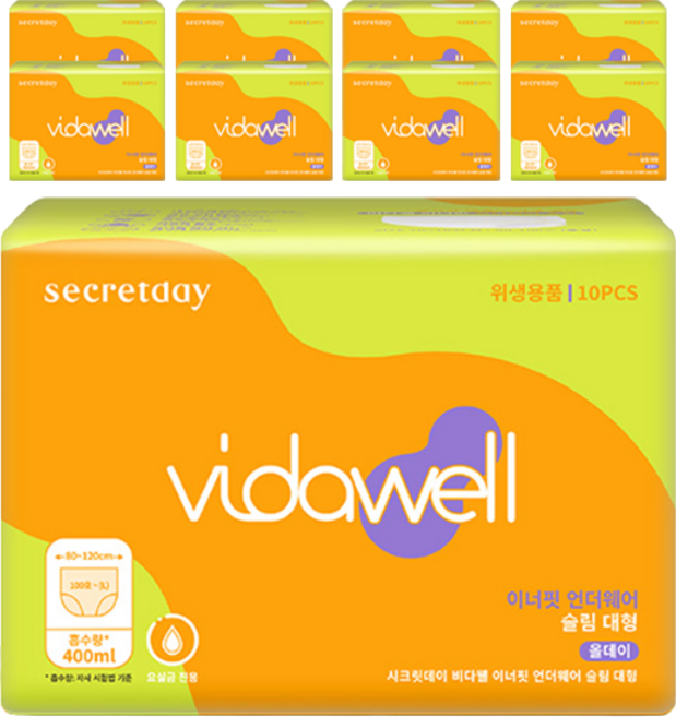 비다웰 여성용 요실금 이너핏 언더웨어 슬림 성인기저귀, 대형, 3개, 10개입