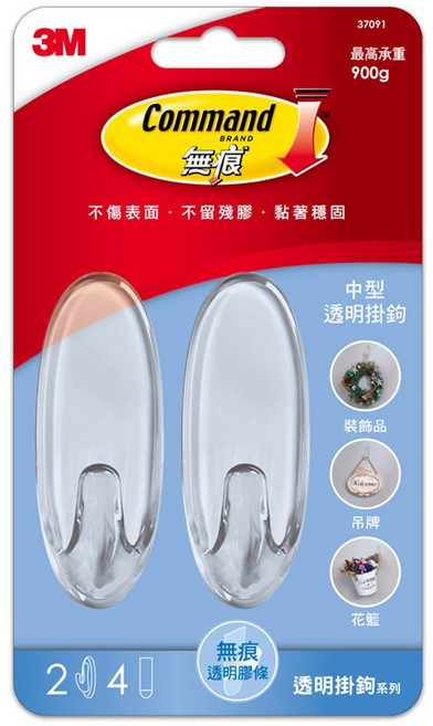 3M Command 無痕 掛鉤 37091 中型 2個, 透明色, 1組