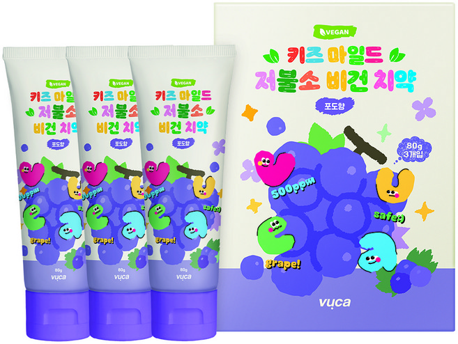 뷰카 키즈 마일드 저불소 비건치약 포도향, 80g, 3개