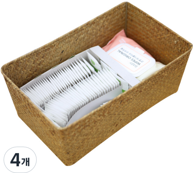 내일의공간 작은 직사각 라탄바구니 XL 36 x 22 x 14 cm, 네츄럴, 4개