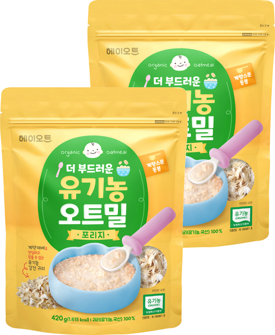 헤이오트 더 부드러운 유기농 포리지 오트밀 + 계량스푼 세트, 420g, 2개