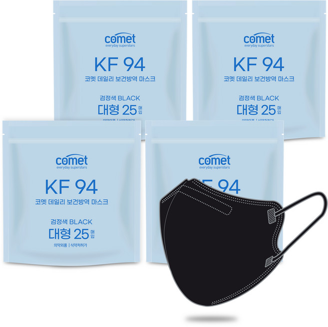 코멧 국내생산 KF94 새부리형 데일리 보건방역 마스크 대형, 100개입, 1개, 블랙