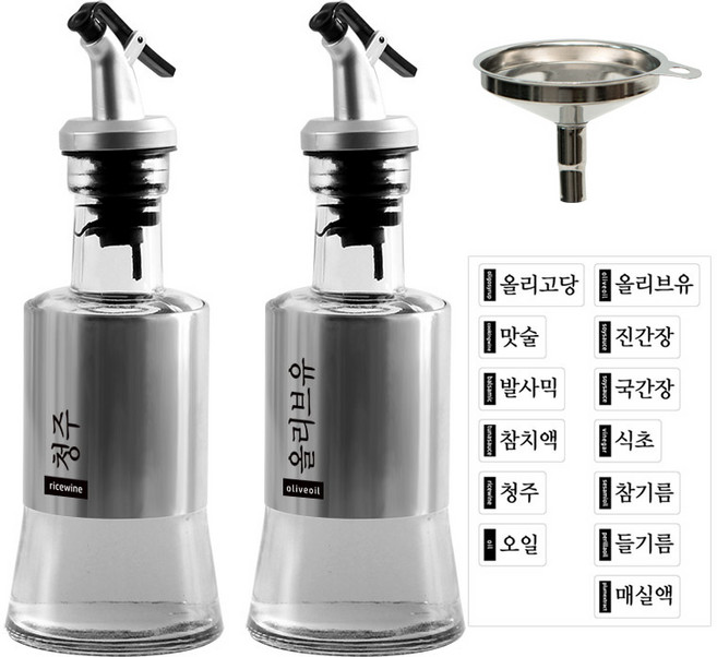 이우아여사 304스텐 유리 오일병 2p + 깔때기 + 13종스티커, 200ml, 1세트