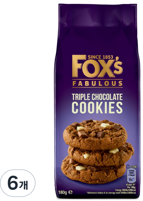 FOXS 트리플 초콜릿맛 쿠키, 180g, 6개