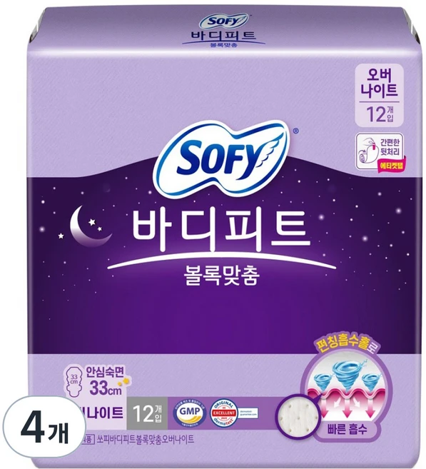 바디피트 볼록맞춤 생리대 날개형, 오버나이트, 12개입, 4개 - 쿠팡