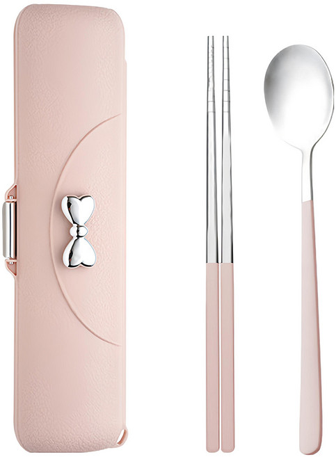 蝴蝶結304不鏽鋼餐具2件套 粉色, 1組