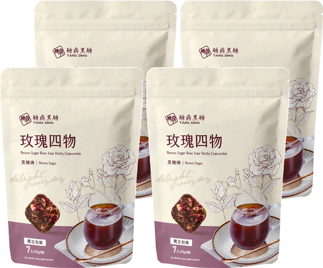 糖鼎 黑糖玫瑰四物茶磚, 4袋, 30g, 7顆