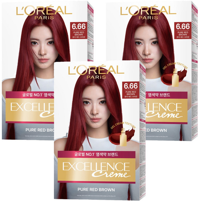 로레알파리 엑셀랑스 크림 빗캡으로 간편한 새치염색 염모제, 6.66호 퓨어 레드 브라운, 3개