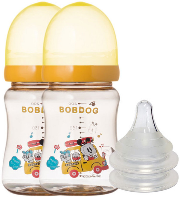 리틀밥독 국내 제조 프리미엄 PPSU 젖병 + 젖꼭지, 옐로우, 2세트, 200ml