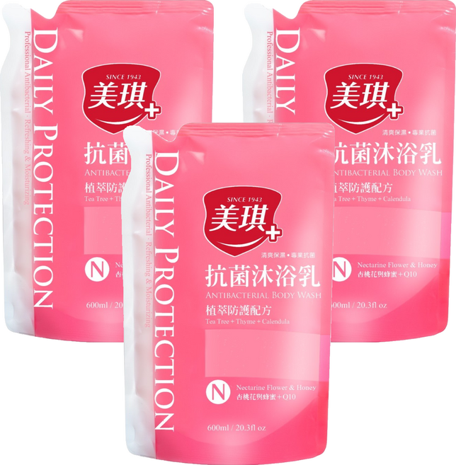 美琪抗菌沐浴乳補充包 植萃防護配方 含茶樹百里香金盞花, 600ml, 3包