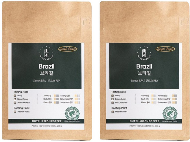 DUTCH&BEAN COFFEE 單一產區 巴西 桑托斯 RFA 烘焙咖啡豆, 原豆(未研磨), 200g, 2個