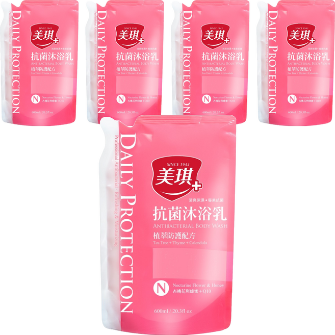 美琪抗菌沐浴乳補充包 植萃防護配方 含茶樹百里香金盞花, 600ml, 5包