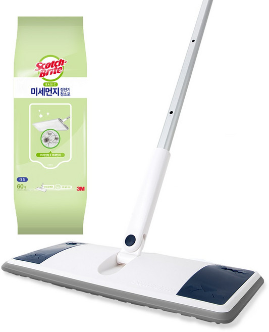 스카치브라이트 올터치 막대걸레 대형 미드나잇 블루 + 베이직 미세먼지 정전기 청소포 대형 60매, 1세트
