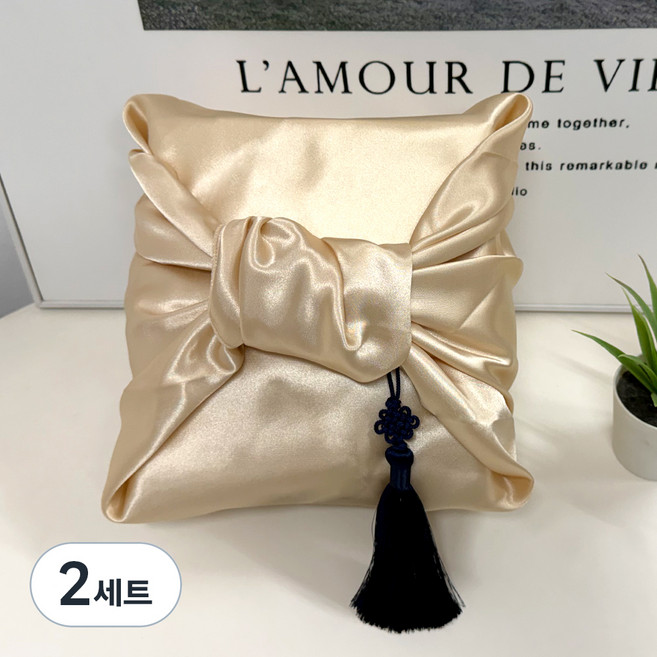 마메 고급 실크 보자기 + 노리개 세트, 골드 + 네이비, 2세트