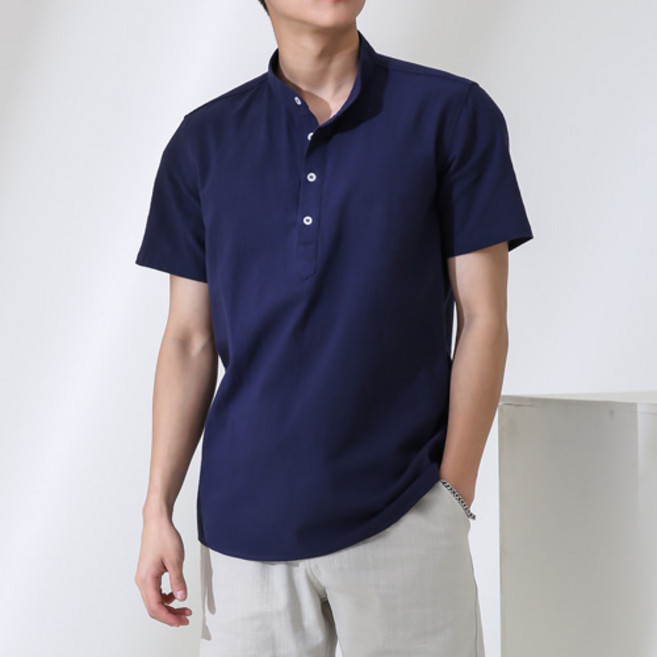 단군 남성용 솔리드 차이나카라 반팔셔츠