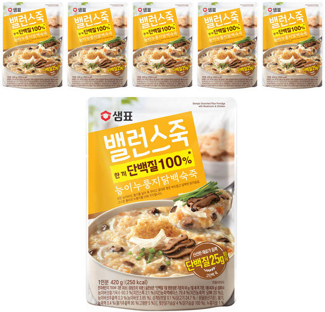 샘표 밸런스죽 능이누룽지닭백숙죽, 420g, 6개