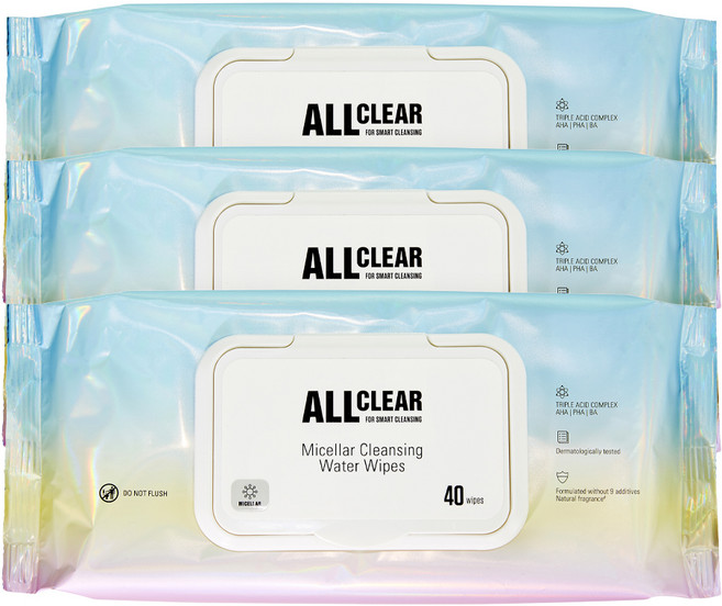 올클리어 미셀라 클렌징 워터 티슈, 40매입, 3개