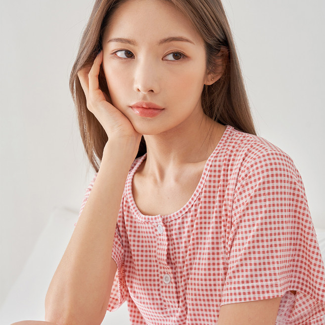 도씨 커플용 체크 반팔 라운드 잠옷 세트 D3951