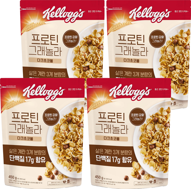 켈로그 프로틴그래놀라 다크초코볼 시리얼, 450g, 4개