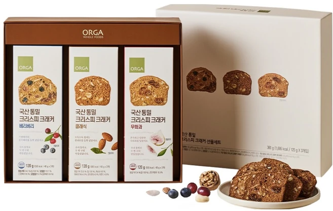 올가홀푸드 국산 통밀 크리스피 크래커 3종 선물세트 + 쇼핑백, 베리베리 120g + 클래식 120g + 무화과 120g, 1세트 - 쿠팡