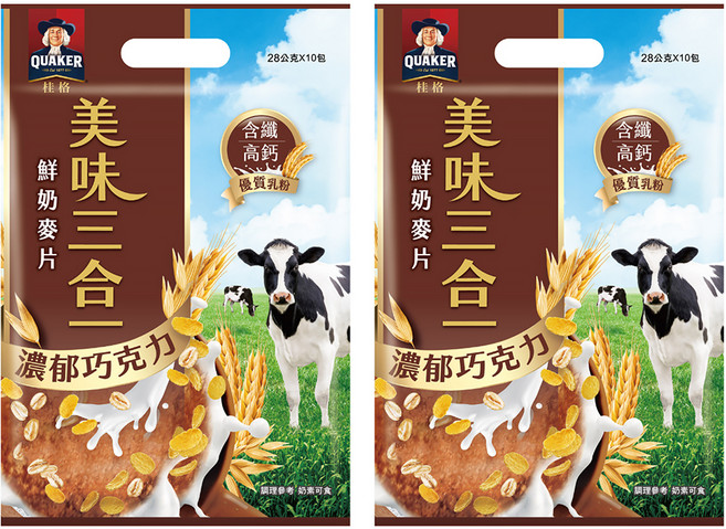 QUAKER 桂格 美味三合一麥片 濃郁巧克力 10包, 280g, 2袋