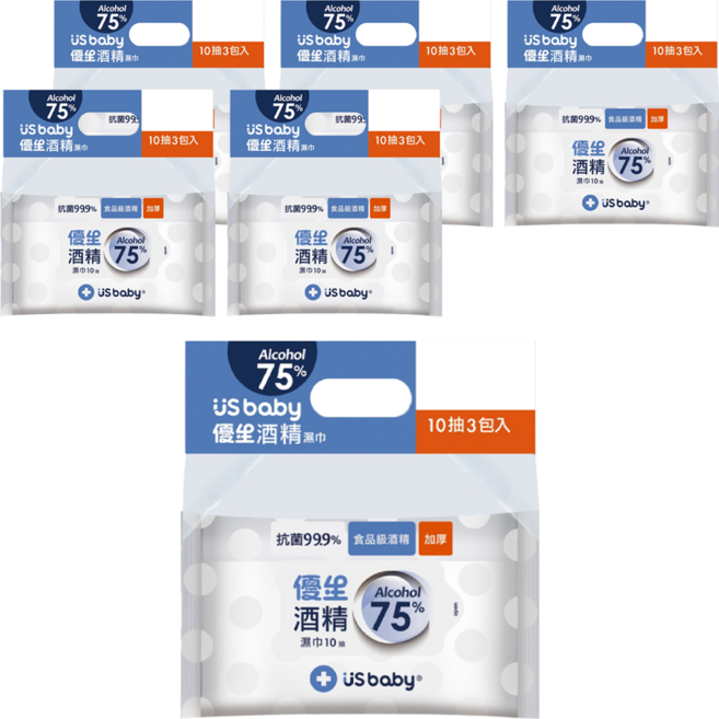 US baby 優生 75%酒精濕巾 柔軟厚實 輕便隨身包 全面清潔, 3包, 6袋