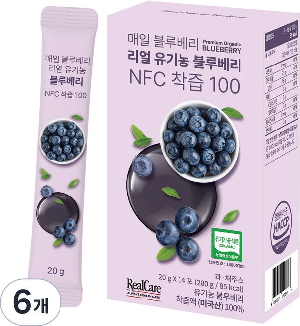 Real Care 每日藍莓 Real 有機藍莓 NFC 鮮榨 100 14入, 280g, 6個