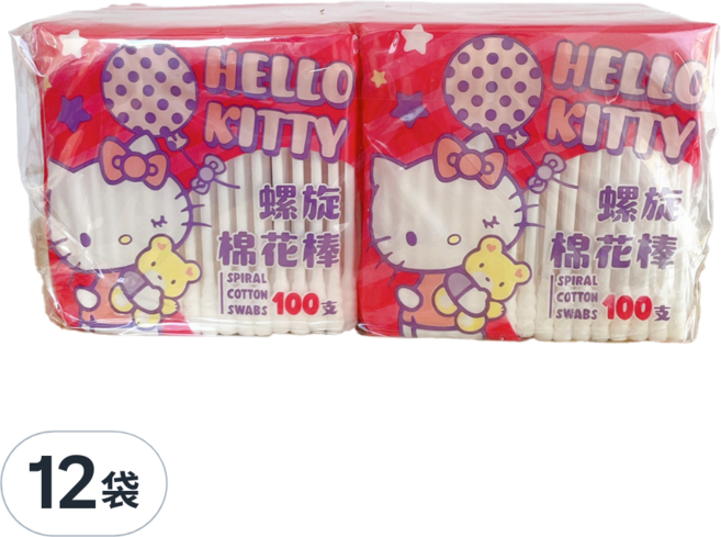 Hello Kitty 凱蒂貓 螺旋塑軸棉花棒 塑軸 純棉雙頭, 100支, 12袋