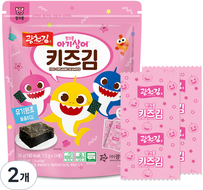 광천김 핑크퐁 아기상어 유기원초 줄줄이 키즈김, 36g, 2개