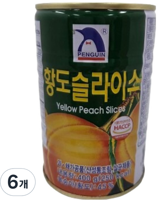 펭귄 황도 슬라이스 통조림, 400g, 6개