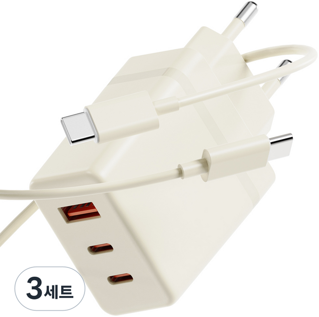 누아트 PD충전 36W 3포트 멀티 초고속 충전기 어댑터 + C to C 고속 충전케이블 1m 세트, 아이보리, 3세트