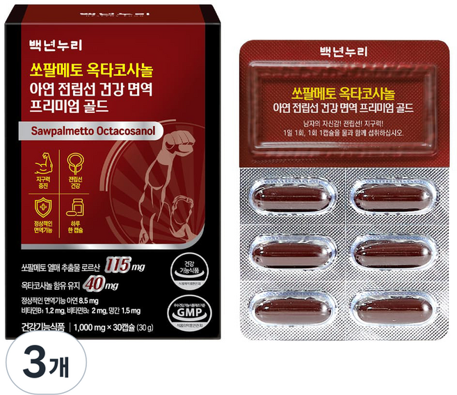 백년누리 쏘팔메토 옥타코사놀 아연 전립선 건강 면역 프리미엄 골드 30g, 30정, 3개