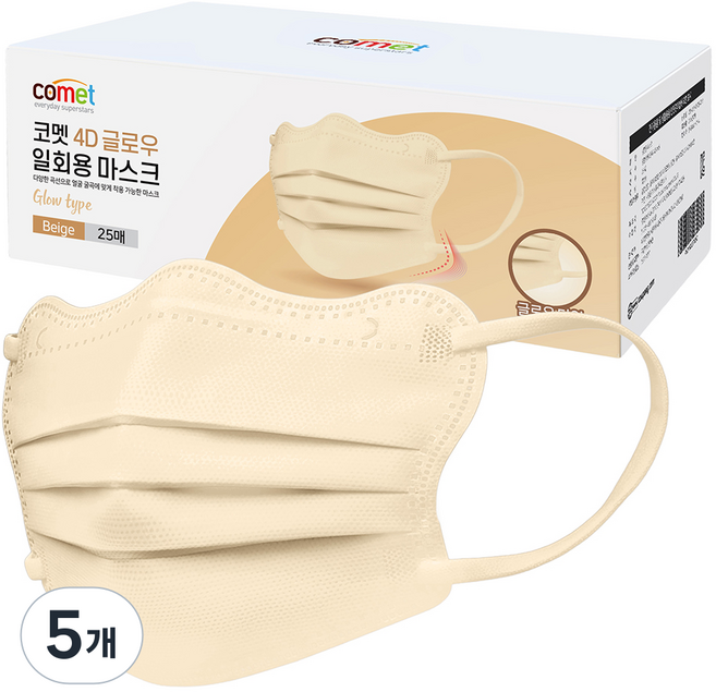 코멧 날카롭고 각진 얼굴형을 보완 해주는 4D 글로우 일회용 마스크 개별포장 중형, 1개입, 125개, 베이지