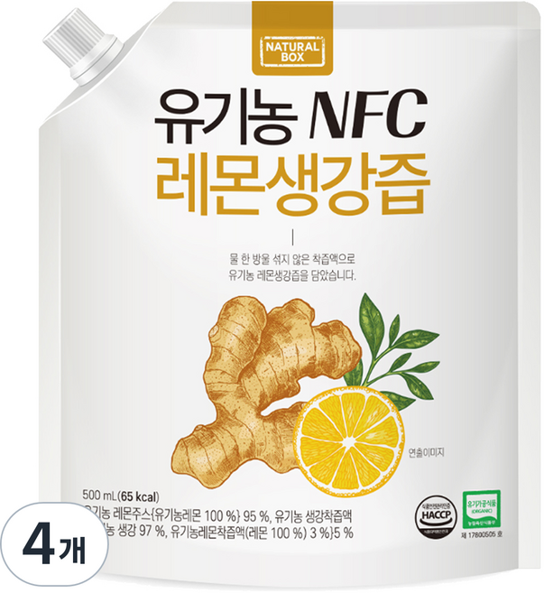 내추럴박스 유기농 NFC 레몬생강 착즙주스, 500ml, 4개