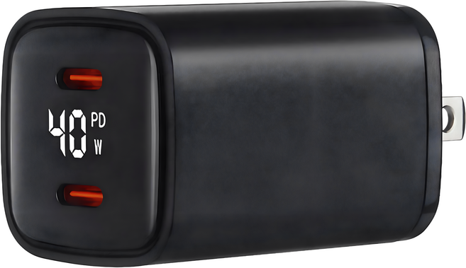 40W雙孔 氮化鎵數顯快充頭, 黑色, 1個