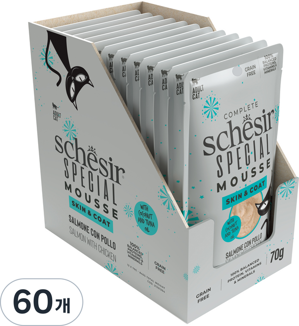 스케지어 어덜트용 쉐지애 스페셜무스 피부 모질 고양이 주식 파우치, 연어, 70g, 60개