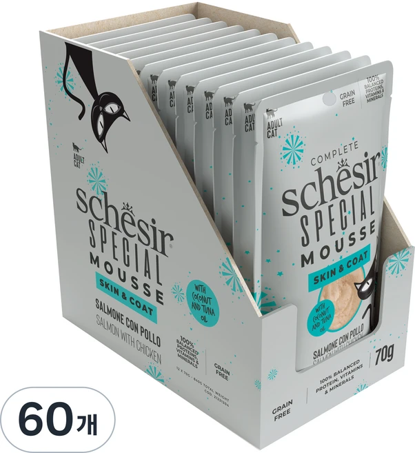 스케지어 어덜트용 쉐지애 스페셜무스 피부 모질 고양이 주식 파우치, 연어, 70g, 60개 - 쿠팡