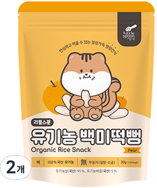리틀스푼 쌀과자 유기농 떡뻥 스틱 백미떡뻥, 배, 30g, 2개