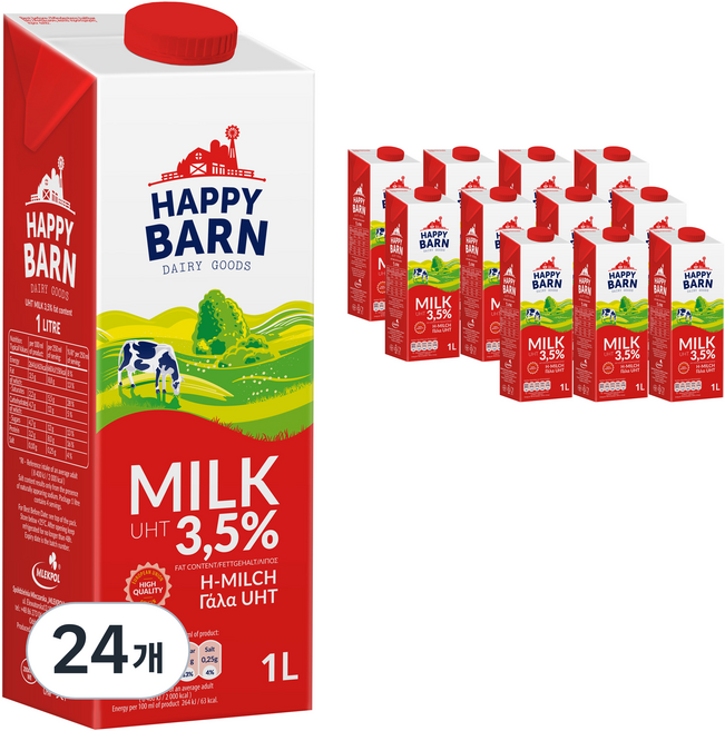 MLEKPOL 해피반 멸균우유 3.5%, 1L, 24개