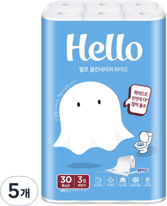 헬로 클린네이처 천연펄프 3겹 와이드 롤화장지, 30m, 30개입, 5개