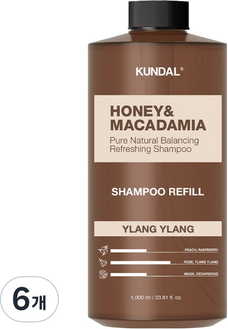 KUNDAL 昆黛爾 蜂蜜澳洲堅果天然洗髮精 依蘭香氛 補充包, 1L, 6個