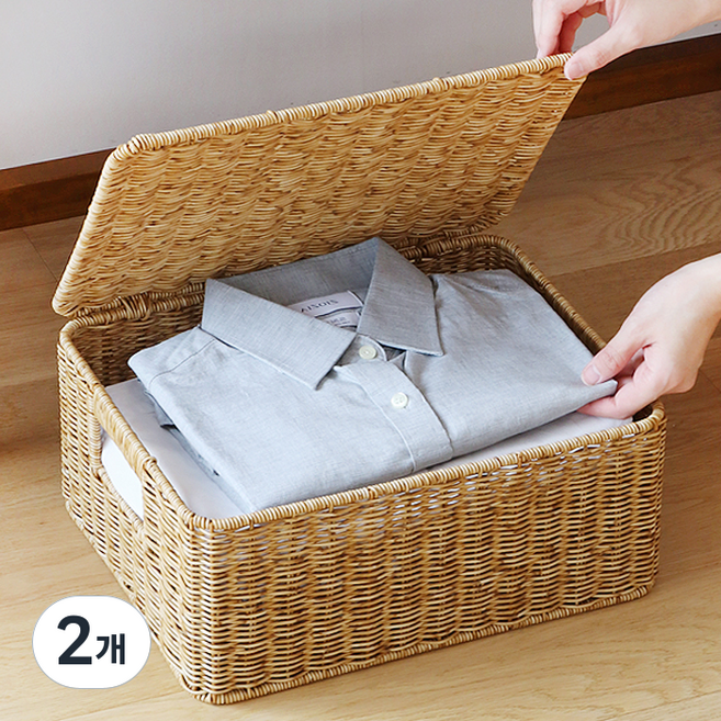 네이쳐리빙 데이지가든 뚜껑 라탄바구니, 2개