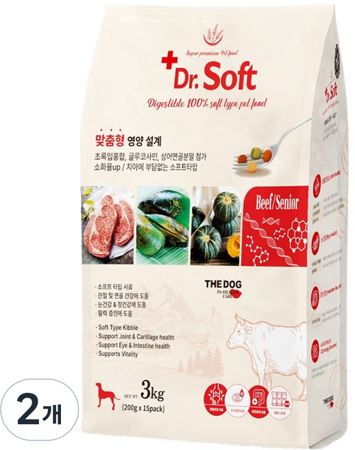 더독 노령견용 강아지 닥터 소프트 사료, 소, 3kg, 2개