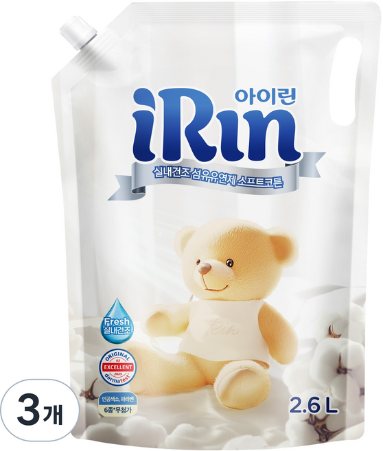 아이린 실내건조 섬유유연제 소프트코튼 리필, 2.6L, 3개