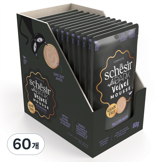 스케지어 성묘용 쉐지애 애프터다크 벨벳무스 닭&오리 고양이 주식 파우치, 닭, 80g, 60개