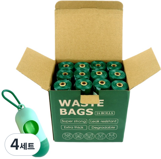 펫모픽 반려동물 생분해 배변봉투 360p + 하드케이스 선물세트, 그린, 4세트