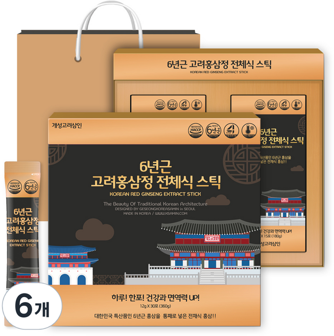 개성고려삼인 6년근 고려홍삼정 전체식 스틱 + 쇼핑백, 360g, 6개