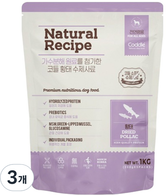 코들 전연령용 강아지 네이처 레시피 프리미엄 습식 수제사료 5p, 황태, 1kg, 3개